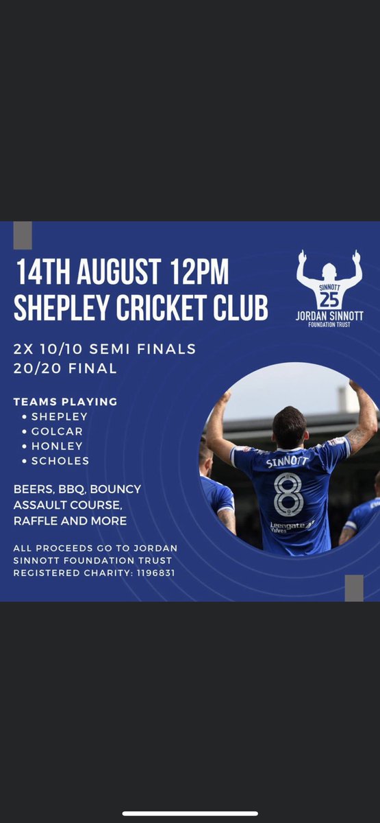 andyneedham01's tweet photo. One for your diaries, family fun day at Shepley Cricket Club in aid of Jordan Sinnott foundation. Current players and mates will be there supporting and there are some unbelievable raffle prizes to win. Sunday 14th August midday onwards 💙 #htafc #OneOfOurOwn #Sinnott25 #JSFT https://t.co/TrLtaW18gM