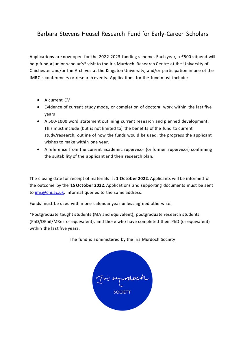 Miles Leeson (@miles_leeson) on Twitter photo Funding application call for Early Career <a href="/IrisMurdoch/">Iris Murdoch</a> Scholars is now open! Details below 👇 Funding application call for Early Career <a href="/IrisMurdoch/">Iris Murdoch</a> Scholars is now open! Details below 👇