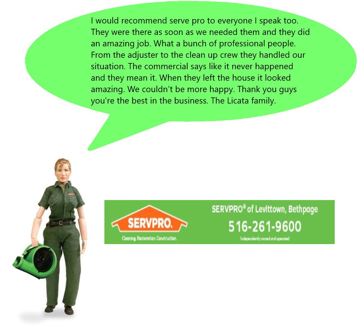 SERVPROBethpage's tweet photo. Thank you so much for all your kind words!! We love helping to make your homes #LikeItNeverEvenHappened!! This review says it all!! #TeamDelfino #heretohelp #SERVPRO https://t.co/L5OCSVZUiH