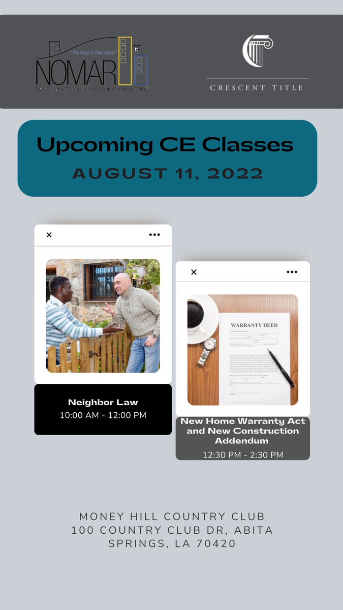 NOMetRealtors's tweet photo. Back-to-Back CE from NOMAR &amp; Crescent Title!

You still have time: 

Register: 

Neighbor Law - https://t.co/1cJEGg0XpC

New Home Warranty - https://t.co/5uhkBzIa5h https://t.co/ErPvn1cDlS
