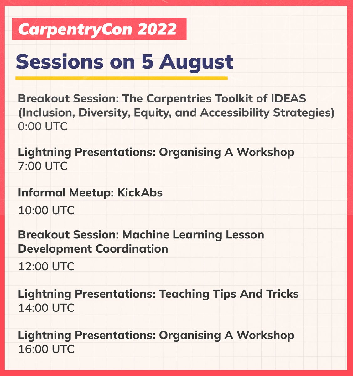 #CarpentryCon2022 continues on 5 August with lightning talks, meetups, and more! 

Full CarpentryCon Schedule:
2022.carpentrycon.org/schedule/
