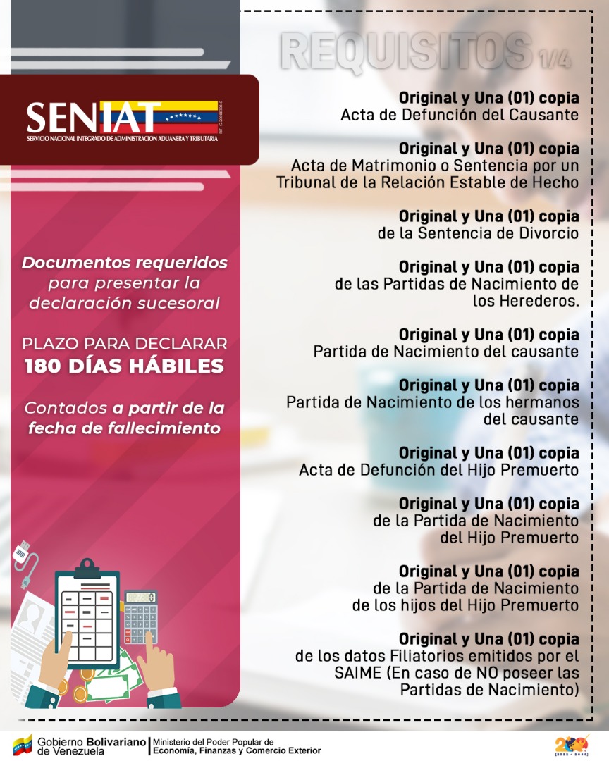 SENIAT_Oficial's tweet photo. Documentos requeridos para presentar la declaración sucesoral.
#BanderaDePatriaLibre #SENIATRecaudaciónVictoriosa https://t.co/Vip2Fpyxyz