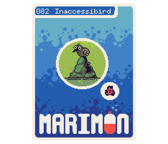 YoshiMakes's tweet photo. Inaccessibirds make their nests on small, remote rock outcroppings at sea, and decorate them to resemble miniature islands. The resulting illusion serves to ward off predators with particularly poor depth perception. #fakemon #marimon https://t.co/lHSK29sw6s