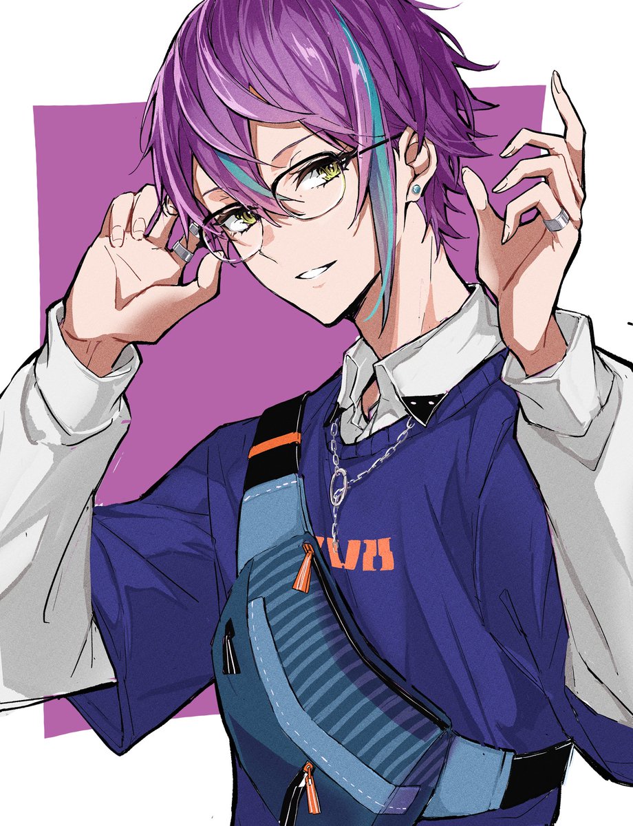 glasses solo jewelry streaked hair 1boy male focus purple hair  illustration images