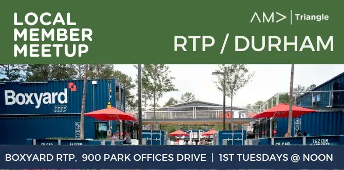 AMATriangle's tweet photo. Join your fellow AMA members in a small group, casual, and local networking setting.  Boxyard RTP 900 Park Offices Drive Research Triangle, NC 27709 https://t.co/YaIELOb0ba https://t.co/x1VLRXNIoc