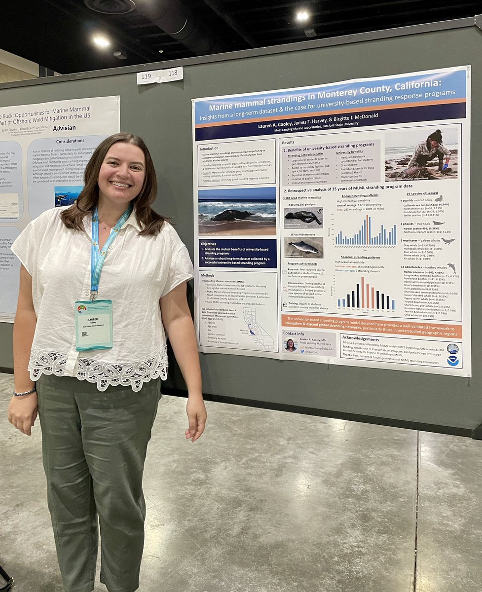 Very excited to be presenting my poster on 25 years of dead marine mammal stranding data from Monterey County, California at #SMM2022! From 1996-2020, the @MLMLmarinesci stranding program documented 3,182 dead pinnipeds and cetaceans representing a remarkable 25 species! 🐋🦭🐬