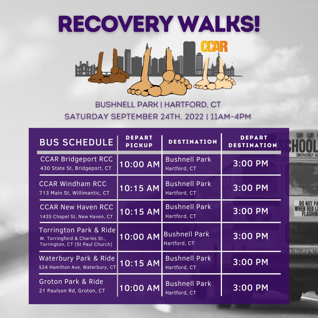 CCAR4Recovery's tweet photo. Check out our bus schedule and join us at Connecticut's BIGGEST Recovery Celebration!
If you're interested in a Bus Sponsorship or any of our other sponsorship levels, visit https://t.co/AgZZe0iKr8
#recoverywalks #recovery #ctevents https://t.co/zu0zR1DSHd