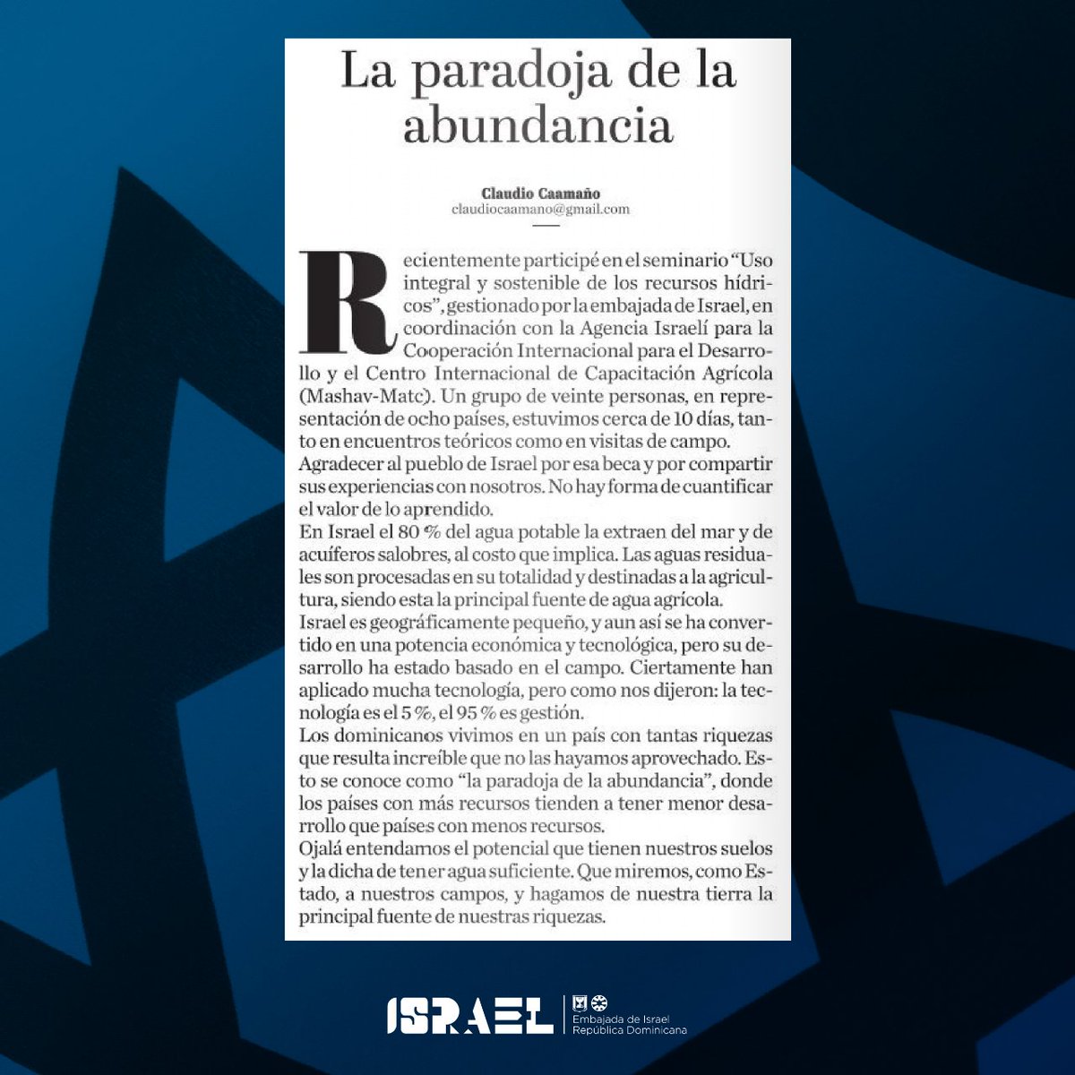 IsraelinRepDom's tweet photo. 🗣🇩🇴“Agradecer al pueblo de Israel por esa beca y por compartir sus experiencias con nosotros.”

@ClaudioCaamano, autor de este artículo, Director de @tecnificacionrd, cuenta su experiencia como becario del curso “Uso Integral y Sostenible de los Recursos Hídricos” en Israel. https://t.co/29wCUfjffV