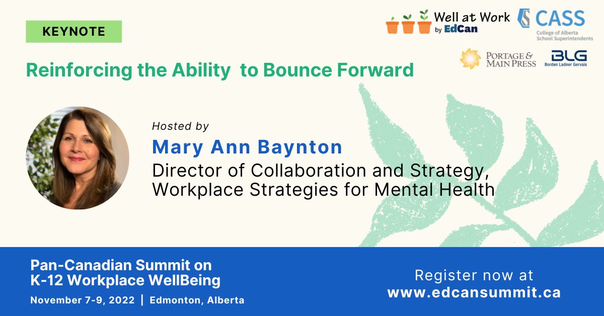 Join Keynote speaker <a href="/MaryAnnBaynton/">Mary Ann Baynton</a> at this November's Pan-Canadian Summit! She strives to improve working lives ➕ is an expert in workplace mental health, resolving conflict and improving productivity. 

Learn more ➡ ow.ly/O2Kx50KbWv8

<a href="/CASSalberta/">CASS</a> 
<a href="/Workplace_MH/">Workplace Strategies for Mental Health</a>