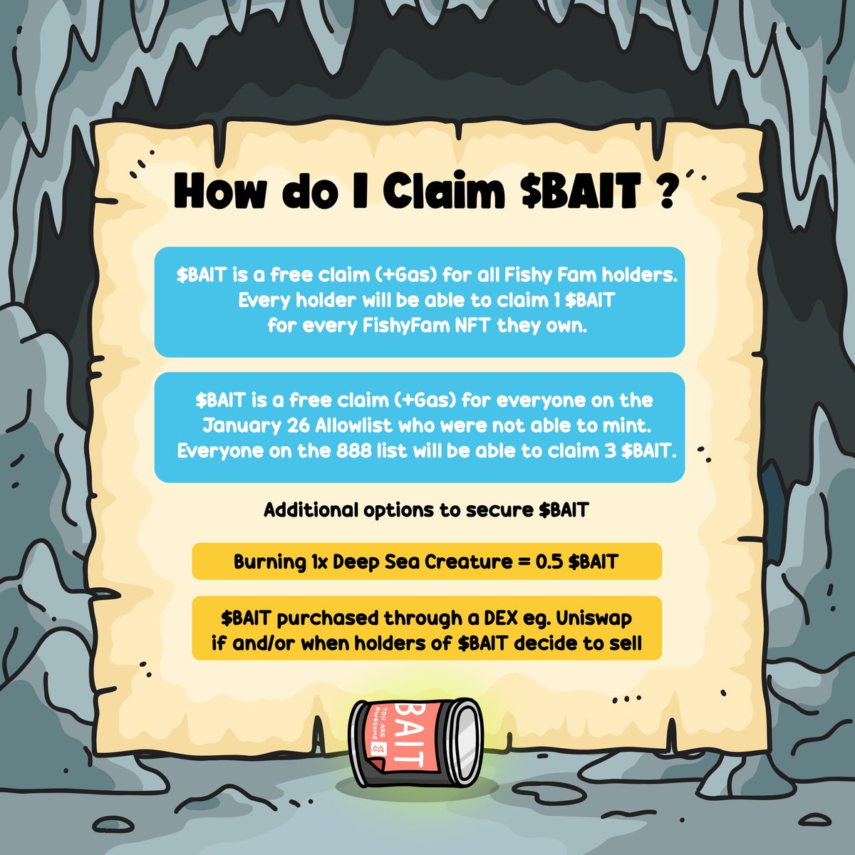 fishyfamNFT's tweet photo. $Bait Claim will go live at 6 PM EST https://t.co/1vYro4GH8B