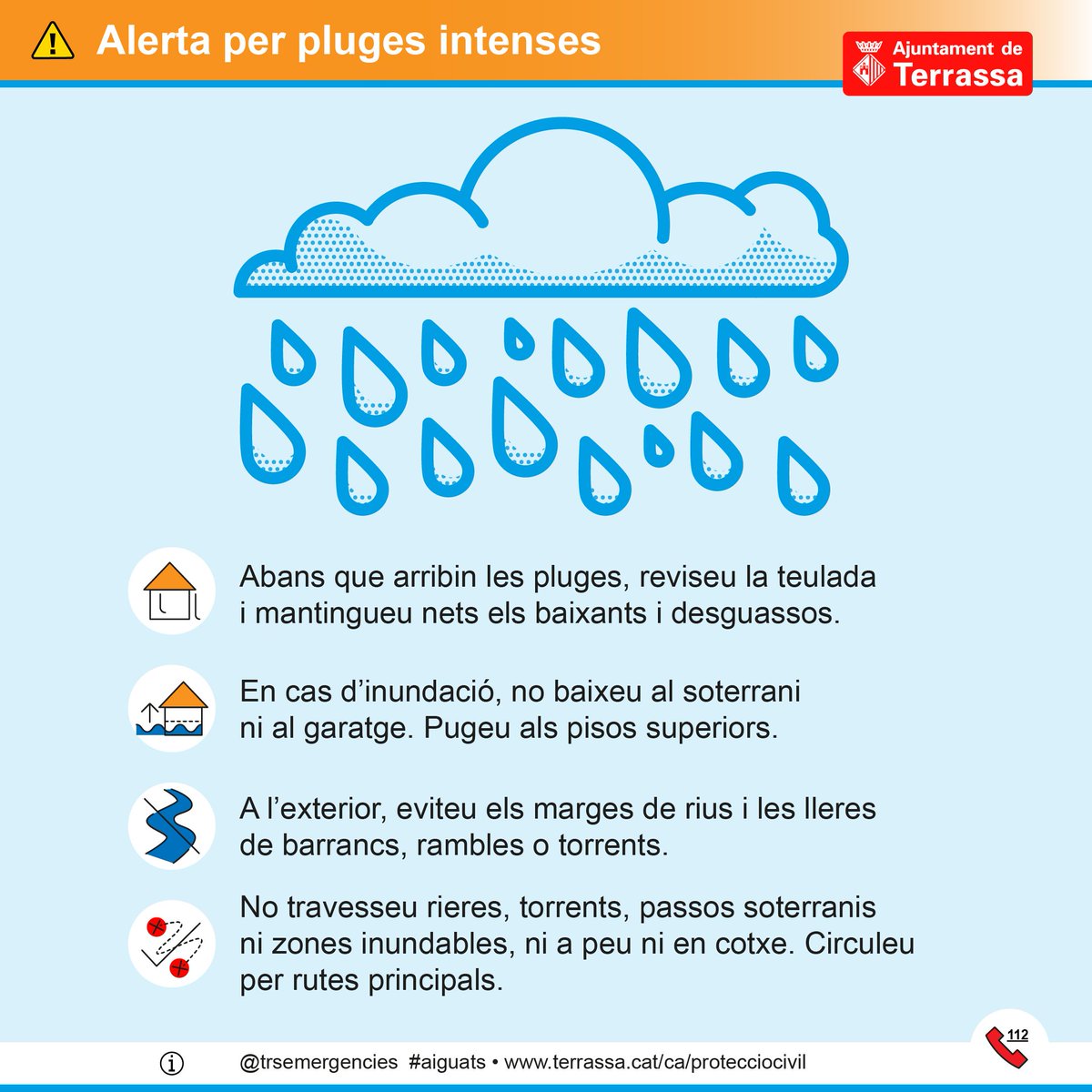 trsemergencies's tweet photo. #CECAT activa el pla #INUNCAT en nivell d'alerta per intensitat de pluges. Pel que fa a #Terrassa nivell de perill alt entre les 14 i les 20 hores de demà divendres. https://t.co/tJ86ECgKVC
