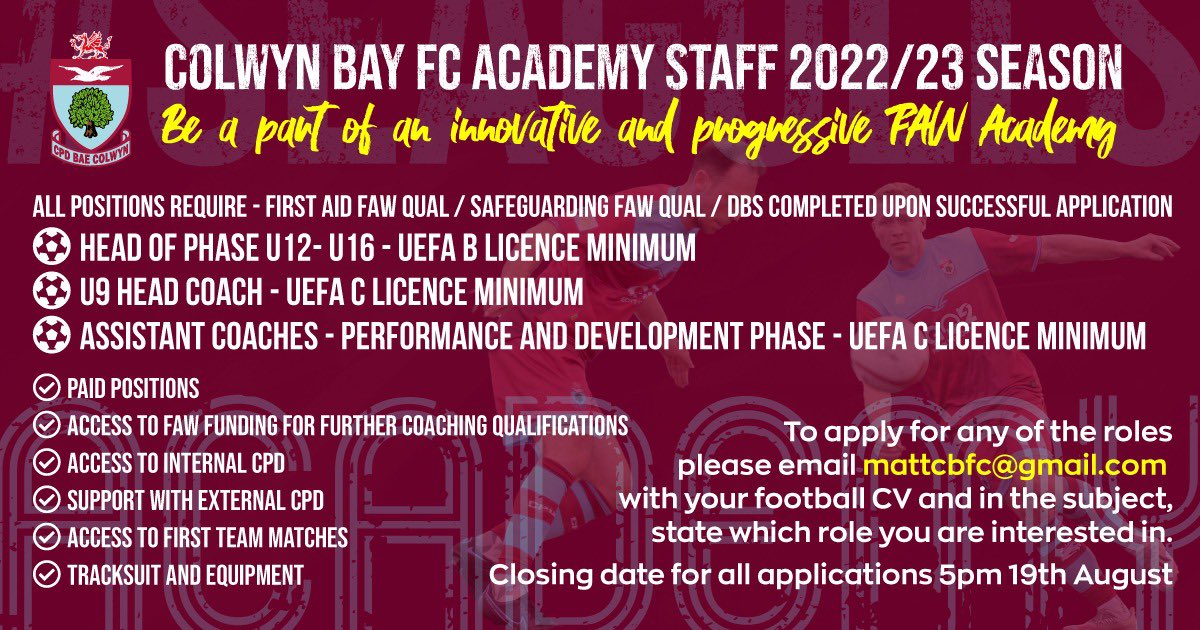 We’re currently recruiting for a number of Academy positions please RT and tag anyone who might want to be part of an innovative and progressive @FAWales Academy @Sampson__