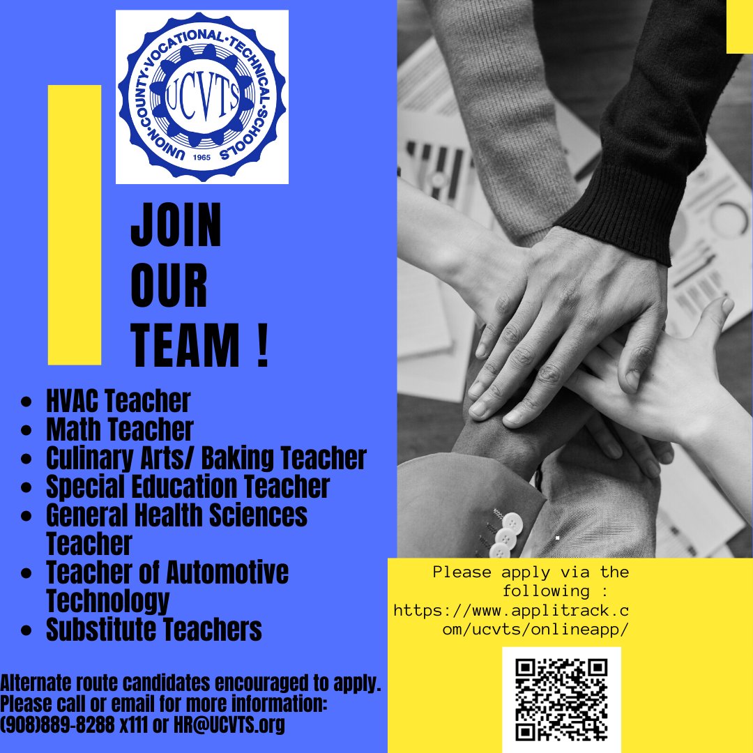 Join our fantastic team!  Alternate route candidates encouraged to apply!  @UCVTS @UCCTI  applitrack.com/ucvts/onlineap…