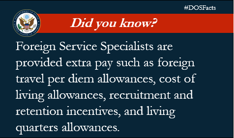 DOSITCareers's tweet photo. Foreign Service Specialists (FSS), depending on assignment, are provided extra pay such as foreign travel per diem allowances and cost of living allowances. You can find more information on FSS benefits here: https://t.co/PWZJlATLP9. #DOSITcareers #DOSITtravel #Foreignservice https://t.co/5dOBCE3sWx