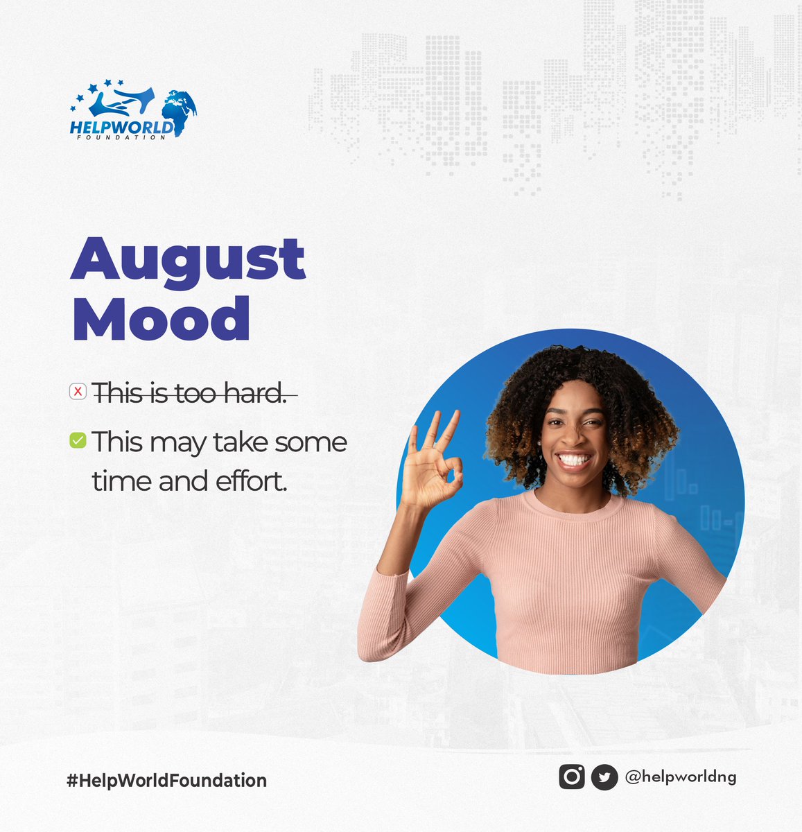 helpworldng's tweet photo. POSITIVITY IS KEY!!!
Our Mood Throughout August
#helpworld #helpworldfoundation #MentalHealthMatters #mentalhealth https://t.co/pEp9grNHju