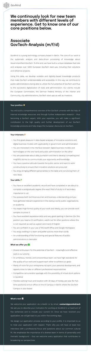 GovMind (@govmind_tech) on Twitter photo GovMind is growing! 🚀 You’re keen to decode the European GovTech ecosystem, help government procure innovation and analyze exciting digital business models? Reach out via contact@govmind.tech and tell us about your plans - we are here to make them happen.
#innovationprocurement GovMind is growing! 🚀 You’re keen to decode the European GovTech ecosystem, help government procure innovation and analyze exciting digital business models? Reach out via contact@govmind.tech and tell us about your plans - we are here to make them happen.
#innovationprocurement