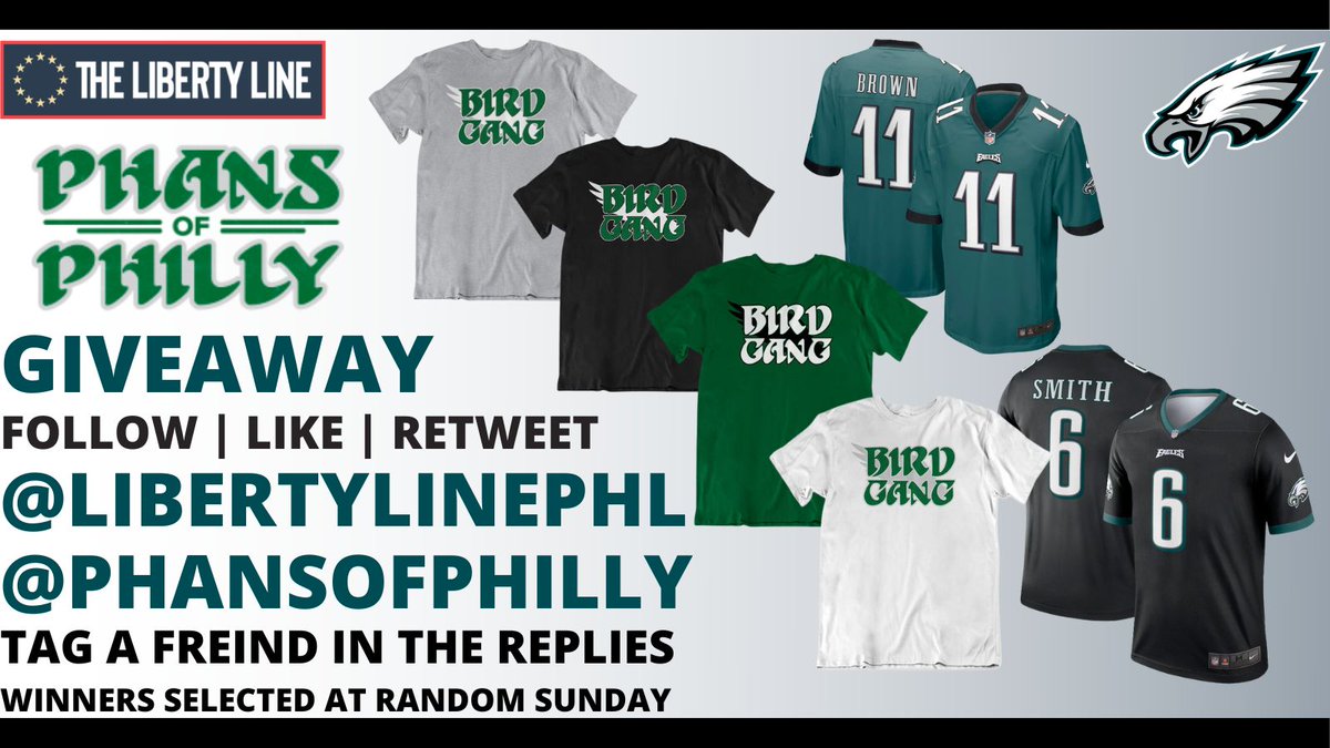 LibertyLinePHL's tweet photo. 🦅 GIVEAWAY ALERT 🦅

🟢 2 Nike Jerseys 
🟢 4 Bird Gang T-Shirts
🟢 6 Total Winners 

TO ENTER: 
Follow | Like | Retweet
@LibertyLinePHL 
@PhansofPhilly 
Tag Friend w/ #FlyEaglesFly

Winners Selected at Random SUNDAY. https://t.co/U2Ff9rspkt