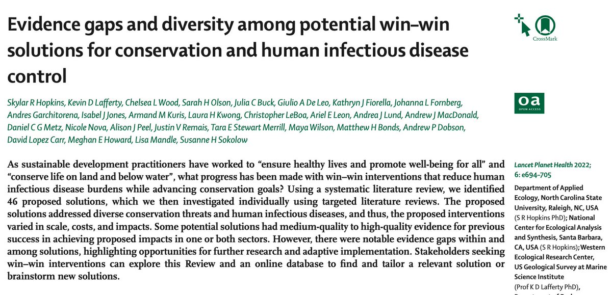 You probably know that ecosystem degradation can cause spillover and disease outbreaks (lose–lose scenarios). In our new paper, we evaluate 46 potential ✨win–win solutions✨ for conservation and human infectious disease control. Here’s what we learned👇🏼 thelancet.com/journals/lanpl…