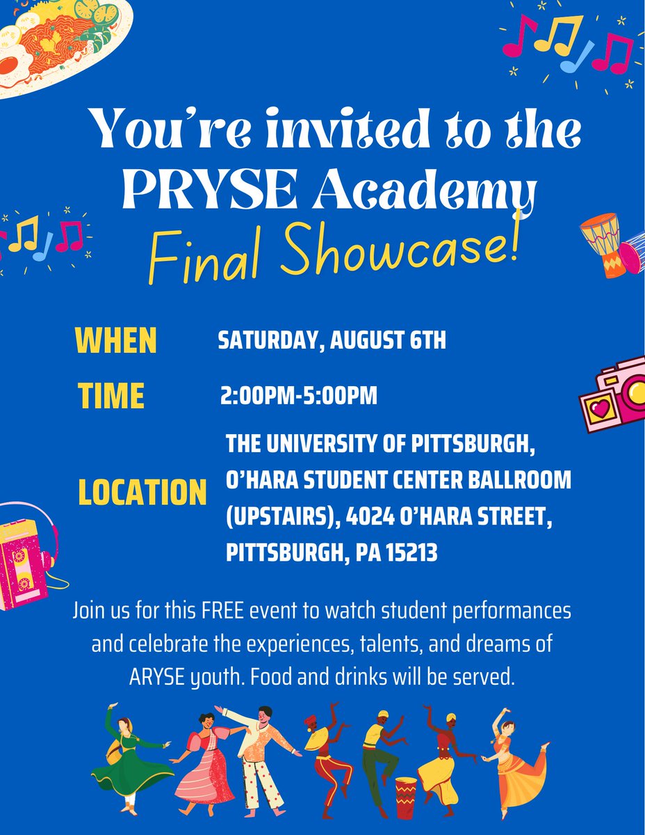 arysepgh's tweet image. Join us for a free event to celebrate the PRYSE 2022 students' experiences, creations, and talents ✨ 
 
The event will be this Saturday, August 6th, from 2:00pm-5:00pm at the University of Pittsburgh O'Hara Student Center! We hope to see you there 😁