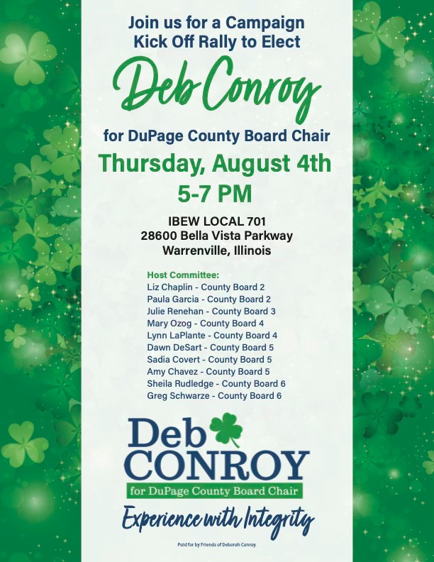 DebConroyIL's tweet photo. Join us TODAY from 5 pm to 7 pm for our campaign kick-off rally! We have the chance to make history by electing the first Democrat &amp; first woman as County Board Chair!

Thank you to the Democrats on the DuPage County Board for hosting. When we work together, we win! https://t.co/o8QmMnjROY