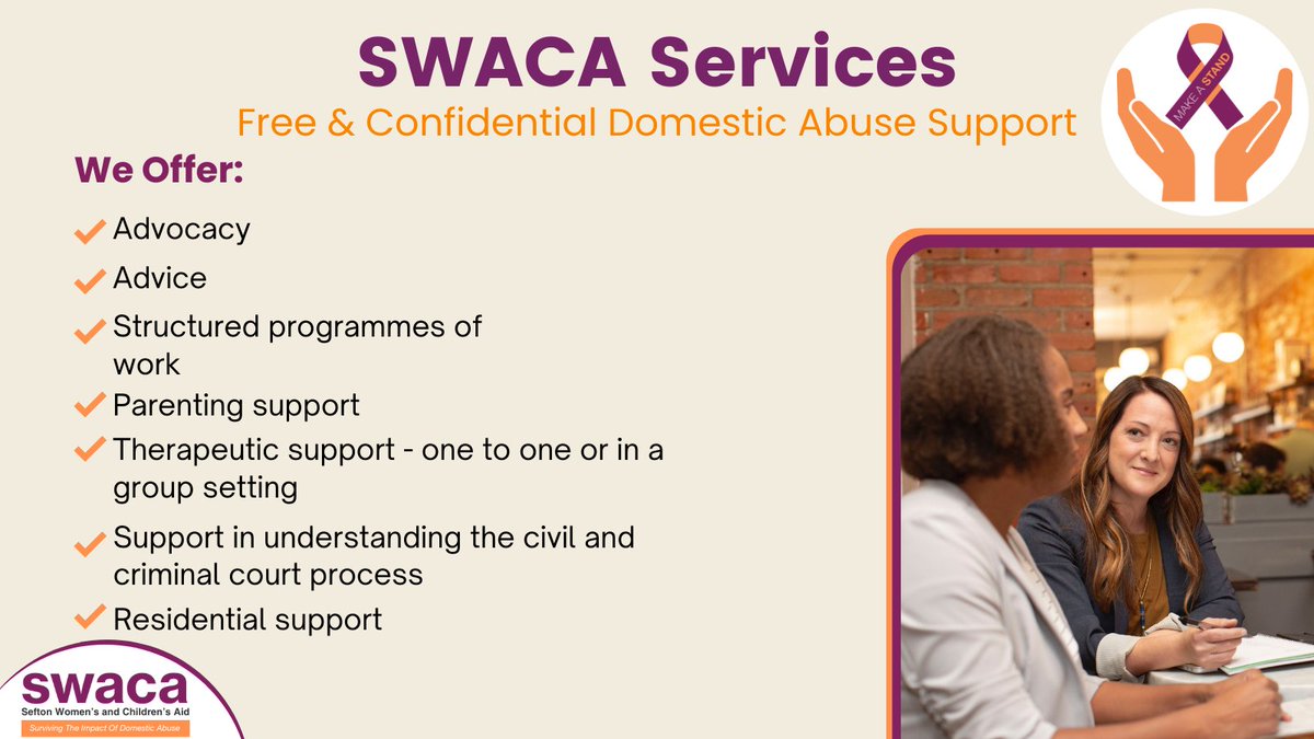 Swaca_Sefton's tweet photo. If you need Domestic Abuse Support we are available in Sefton for women, children and young people.

@SeftonCVS @seftoncouncil 

📞Phone: 0151 922 8606
📱Text: 07779745594
✉️Email: help@swaca.com

#MakeAStand #SurvivingTheImpactOfDomesticAbuse #Sefton https://t.co/FQey5yqKN8