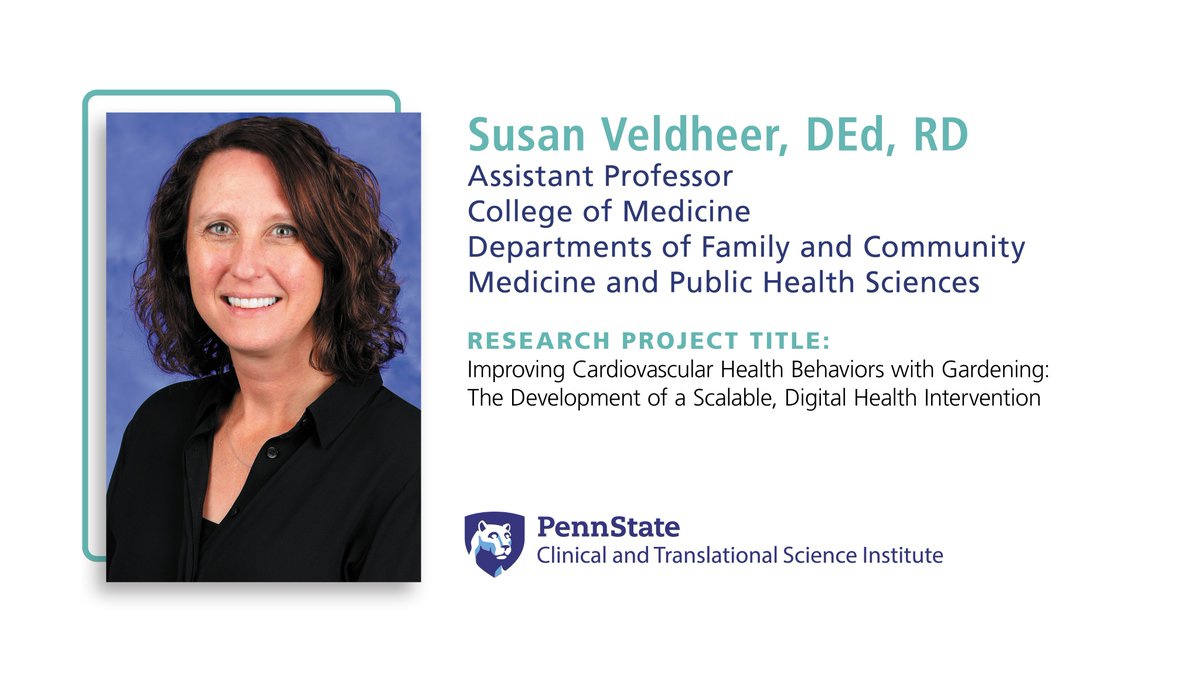 Clinical and Translational Science Institute (@pennstatectsi) on Twitter photo Meet KL2 scholar <a href="/SusanVeldheer/">Susan Veldheer</a>, assistant professor at <a href="/penn_state/">Penn State</a> College of Medicine. She has partnered with Penn State Extension to develop a digital gardening intervention to target multiple health behaviors to impact cardiovascular disease risk. Meet KL2 scholar <a href="/SusanVeldheer/">Susan Veldheer</a>, assistant professor at <a href="/penn_state/">Penn State</a> College of Medicine. She has partnered with Penn State Extension to develop a digital gardening intervention to target multiple health behaviors to impact cardiovascular disease risk.