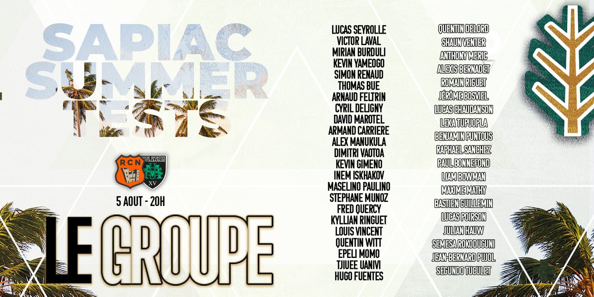 𝚂𝙰𝙿𝙸𝙰𝙲 𝚂𝚄𝙼𝙼𝙴𝚁 𝚃𝙴𝚂𝚃𝚂 - 𝙹𝟷

1ère étape des 𝚂𝙰𝙿𝙸𝙰𝙲 𝚂𝚄𝙼𝙼𝙴𝚁 𝚃𝙴𝚂𝚃𝚂 avec cette revue d'effectif à Leucate contre le <a href="/RCNarbonnais/">Racing Club Narbonnais</a> ! Voici le groupe qui va se déplacer pour ce 1er match 🟢⚫ de la saison 2K22/2K23! 

#AllezSapiac #120Ans #SST