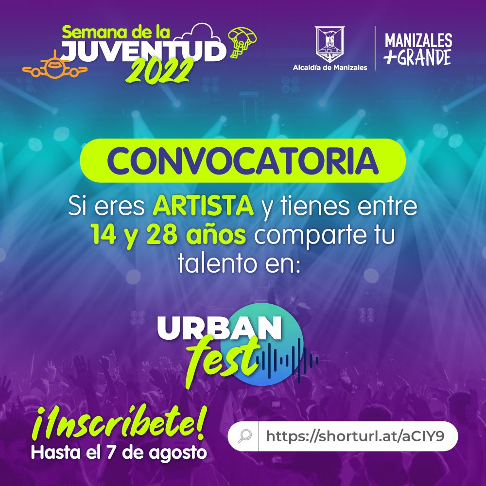 #SemanaDeLaJuventud ✈️ 
Nos encantaría contar con tu talento en el #UrbanFest2022, inscríbete para que muestres tu talento a toda la ciudad. 

👉 shorturl.at/aCIY9