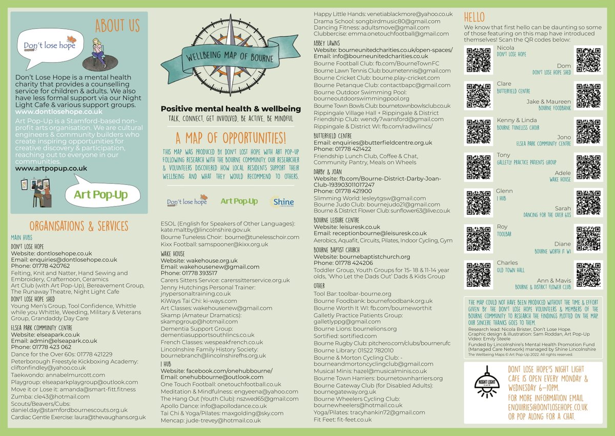We all know how important looking after our wellbeing is and finding places in the community where you can turn to for support is a great way to do that. Bourne’s Wellbeing Map is designed to help you to connect, get involved, be active and mindful <a href="/artpopupuk/">Art Pop-Up</a> <a href="/DontLoseHopeCh1/">Don't Lose Hope Charity</a>