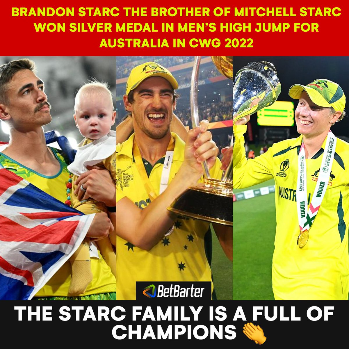 BetBarteronline's tweet photo. Starc family 🙌😍
#HighJump #MitchellStarc #BrandonStarc #CWG2022 #AlyssaHealy #Australia #Silver https://t.co/3e2UAlMbBn