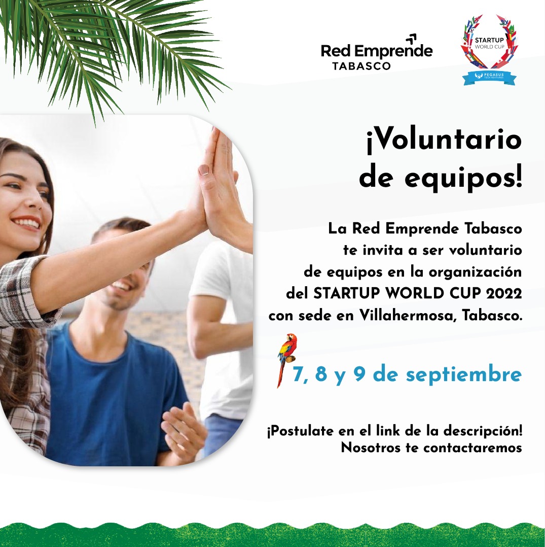 ¿Te gustaría ser voluntario en la organización del #StartupWorldCup 2022? 🏆

👉 Postulate aquí: bit.ly/voluntariosSWC…
¡Vive la experiencia de la primera competencia de #Startups en #Tabasco! Queremos que disfrutes este evento internacional.