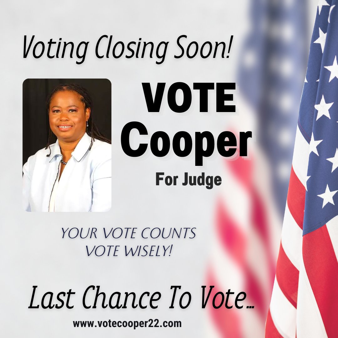 VoteCooper22's tweet photo. The day of Judgment has arrived! "I will be the Judge who respects the bench and you" as the Voting is coming to a close, I humbly ask for your vote as the next Judge of Division 5 of the General Sessions Court in Shelby County! 
.
.
.
.
.
#govote #vote #civicduty #votecooper https://t.co/tiNH7YW09I