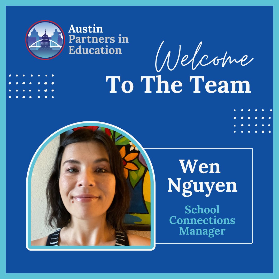 We're happy to announce that Wen Nguyen is APIE's new School Connections Manager! She'll be managing our Mentoring volunteer program, along with facilitating connections between @austinisd schools and the community. Welcome to the APIE team, Wen!