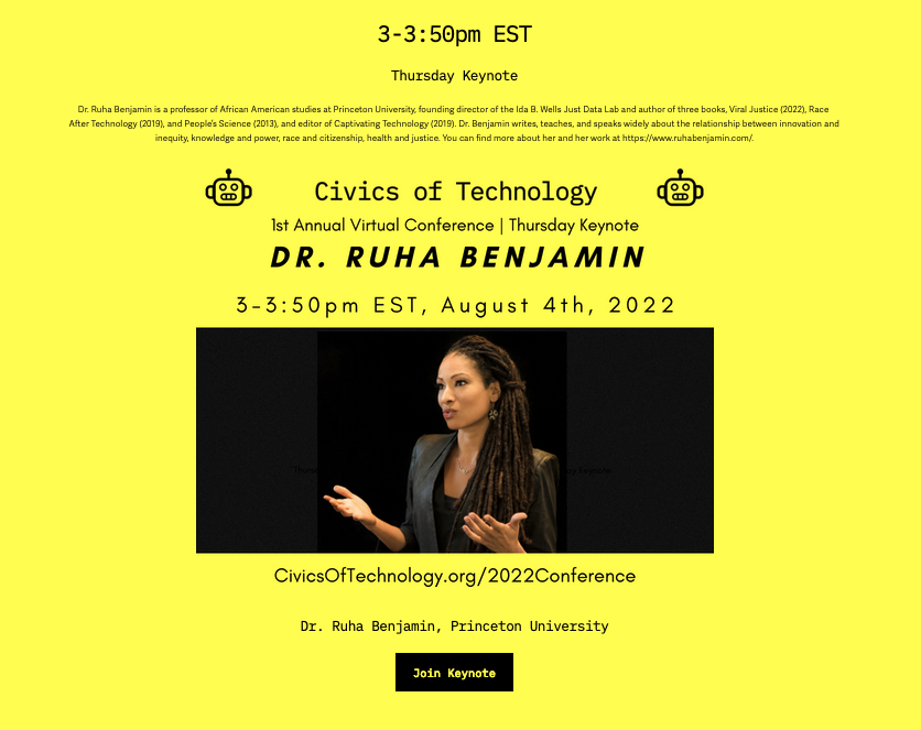 CivicsOfTech's tweet photo. ๐คIT'S KEYNOTE TIME WITH @ruha9 ๐ค #CivicsOfTech https://t.co/18MYJMQFKe