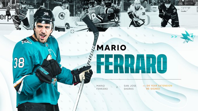 Graphic of Mario Ferraro that says "Four Year Extension Re-signed" with different pictures of Ferraro on the graphic. 