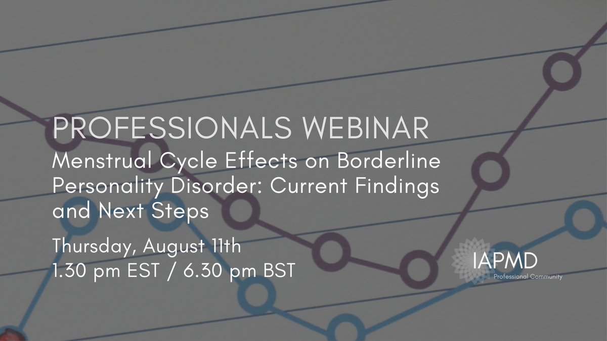 IAPMD_clinical's tweet photo. In this webinar, Jess Peters, PhD, @jrpeters presents pilot data on #MenstrualCycle effects on #BorderlinePersonalityDisorder symptoms, demonstrating several potential patterns of symptom exacerbation. https://t.co/YjSITJSAQo
#PMDD #PME #Hormones #BPD #CycleScience https://t.co/uBvKLXzPwn