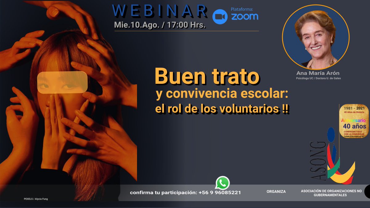 ACHVoluntarios's tweet photo. Te invitamos el próximo miércoles 10 de agosto a las 17 horas, a participar del Webinar: "Buen trato y convicencia escolar: El rol de los voluntarios".

Confirma tu participación vía WhatsApp al número +56996085221. https://t.co/j3NCmFPlLx