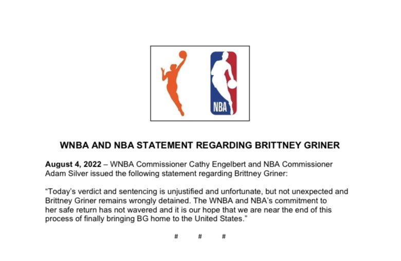 WNBALead's tweet photo. .@NBA &amp; @WNBA joint statement regarding Brittney Griner.
#WNBATwitter #NBATwitter https://t.co/t4SWSapfLu