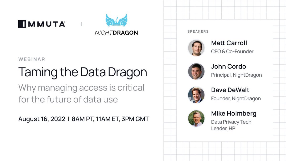 nightdragon's tweet photo. Less than two weeks: Join @nightdragon's Dave DeWalt and John Cordo, HP Data and Privacy Tech Lead Mike Holmberg and @immutadata CEO Matthew Carroll for a discussion about the exploding #data landscape and how to build a modern data stack. Register here: https://t.co/2LMO5tvOuM https://t.co/qGVH78tnkO
