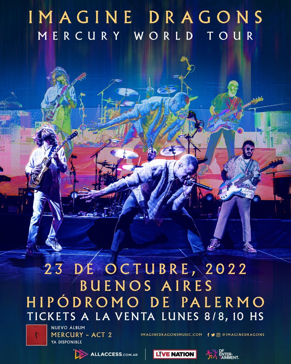 lollamania's tweet image. Imagine Dragons en Argentina 🇦🇷

La banda vendrá este año con el Mercury World Tour. Los tíckets saldrán a la venta por All Access el próximo Lunes 8/8 a las 10:00 hs

📍Hipódromo de Palermo, Buenos Aires
📅 23/10/2022

💵 Precios con SC (campo)
$18.400 delantero
$10.350 general