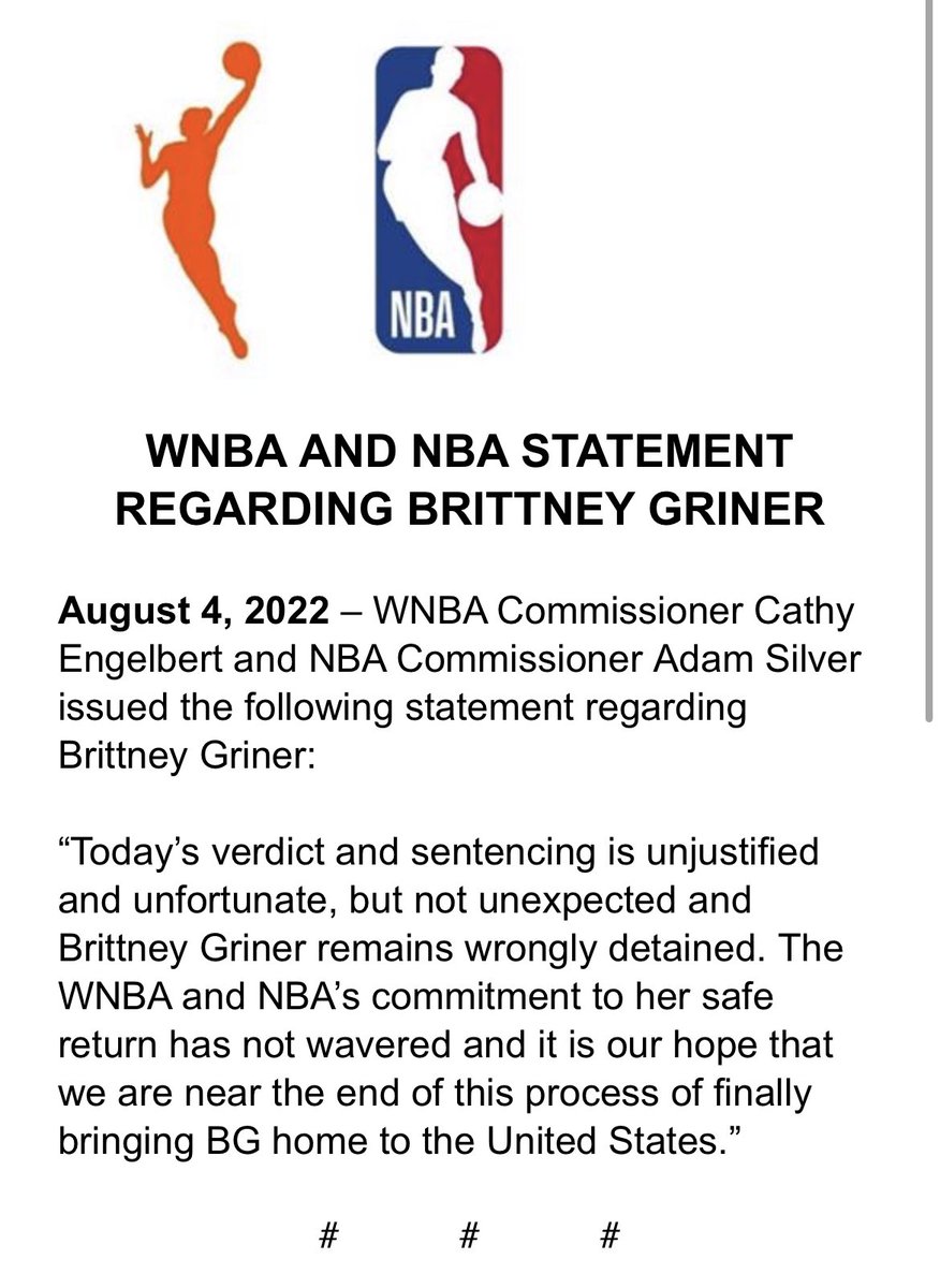 JeffZillgitt's tweet photo. WNBA and NBA statement on Brittney Griner: https://t.co/S6EEEsgksP