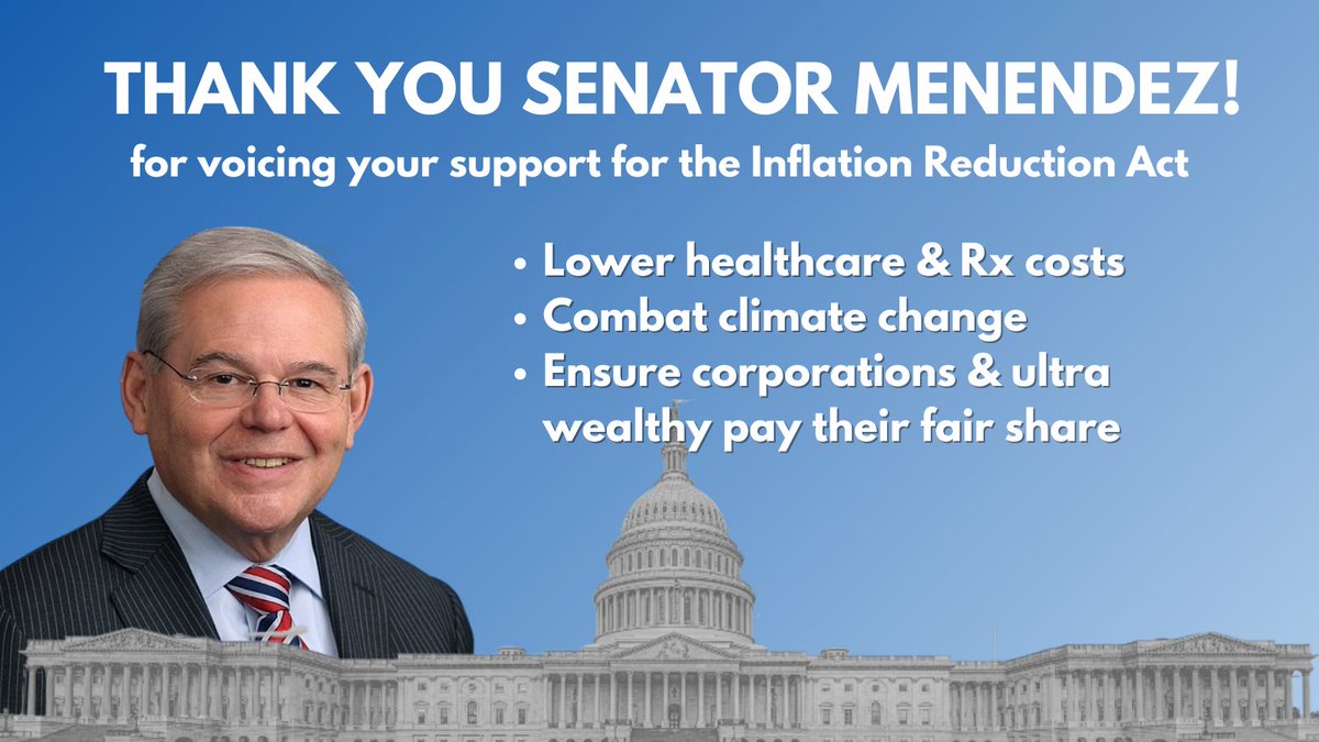 NJCitizenAction's tweet photo. Thank you @SenatorMenendez for voicing your full support of the #InflationReductionAct ! New Jerseyans will benefit from this historic legislation! https://t.co/wdOqls4D42