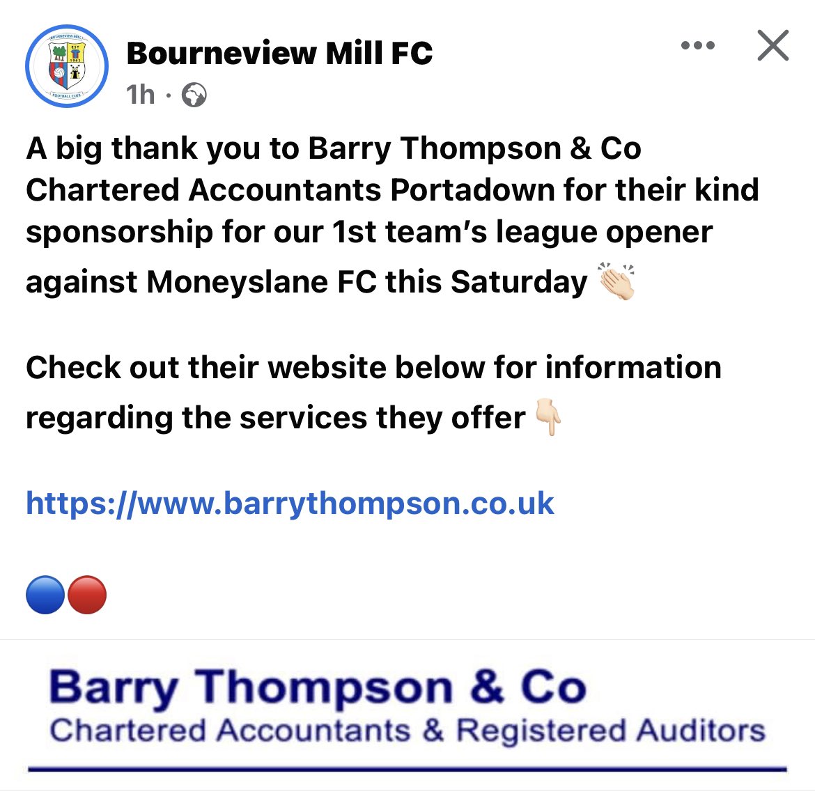 We are nothing without our sponsors so a massive thank you must go to Barry Thompson and Co for their sponsorship of this weekends fixture vs <a href="/moneyslane_fc/">Moneyslane F.C</a> 

barrythompson.co.uk 👏👏

🔵🔴⚽️