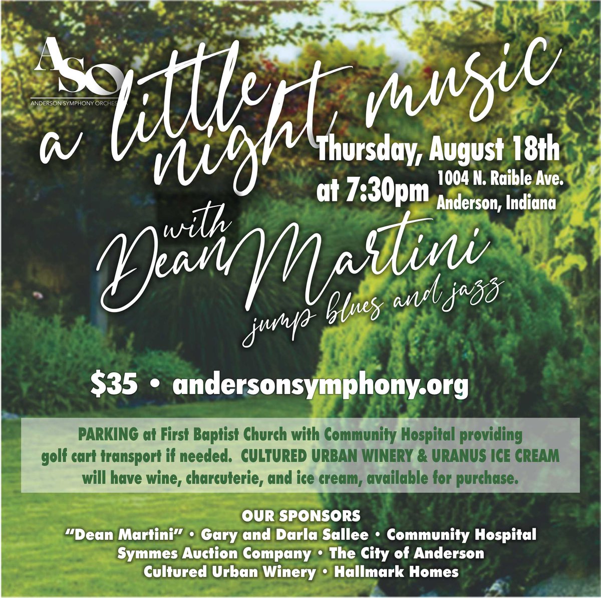 Grab your tickets and picnic baskets (or purchase food and wine at the concert) for the return of A Little Night Music with Dean Martini. andersonsymphony.org 
Don't miss it!