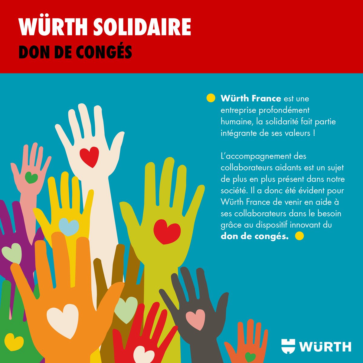La #solidarité, une valeur fondamentale chez Würth !
Fidèle à nos valeurs humaines, nous avons mis en place une formule de solidarité entre collaborateurs : le don de congés, pour soutenir et accompagner nos collaborateurs en situations particulières.🤗

#WürthFamily #Engagement