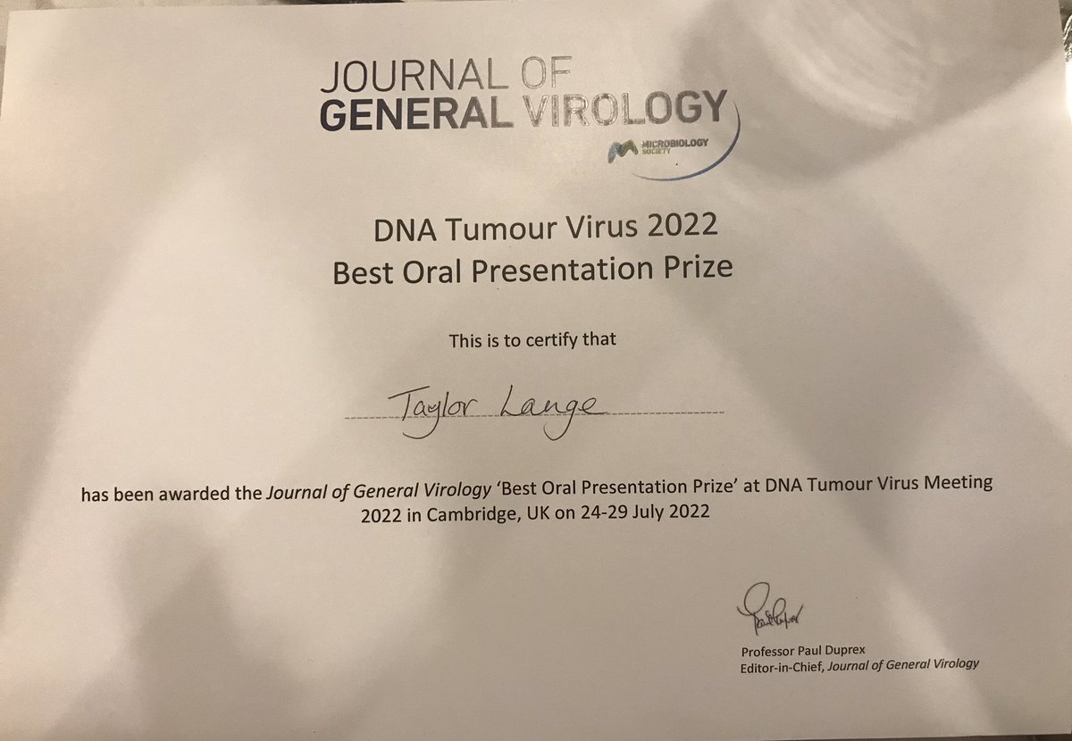 Congrats to Taylor Lange for her "Best Oral Presentation" Award from the Journal of General Virology at the 2022 DNA Tumour Virus conference at Churchill College in Cambridge, England dnatumourvirus2022.path.cam.ac.uk What a fabulous way to start her <a href="/uc_ccb/">UC Cancer & Cell Bio</a> PhD Career! <a href="/SusanWaltz_UC/">Susan Waltz_UC</a>