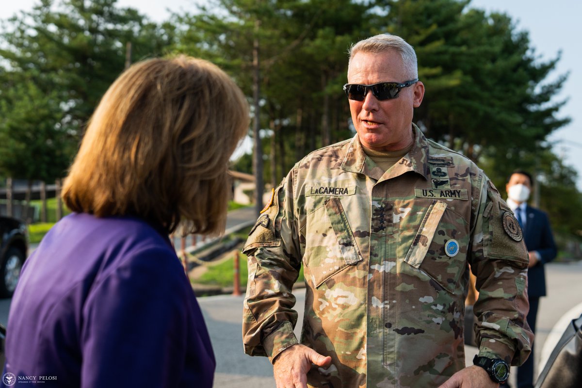 SpeakerPelosi's tweet photo. It was a special honor to engage with General LaCamera and other @USForcesKorea servicemembers on the ground at the DMZ/JSA and Osan Air Base. https://t.co/Yi2u8YMXyS