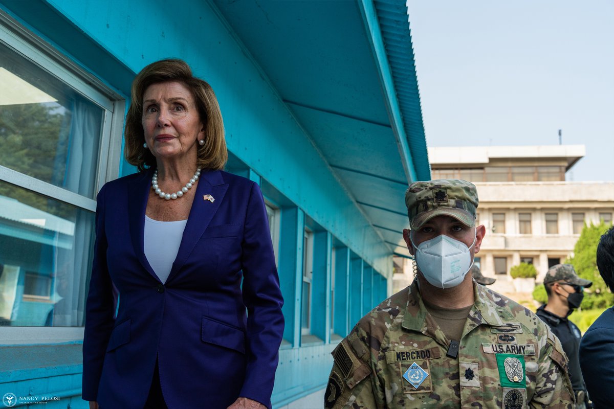 SpeakerPelosi's tweet photo. It was a special honor to engage with General LaCamera and other @USForcesKorea servicemembers on the ground at the DMZ/JSA and Osan Air Base. https://t.co/Yi2u8YMXyS