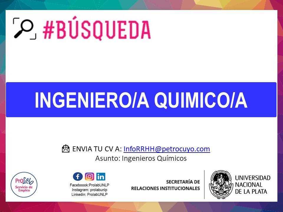 ProlabUnlp's tweet photo. OFERTA LABORAL!

Importante Empresa de encuentra en la búsqueda de Ingenieros/as Químicos/as Jr. con buen desempeño académico y orientación en Procesos o Producción.

Localización: Planta Ensenada
CV A : InfoRRHH@petrocuyo.com
Asunto: "Búsqueda: Ingenieros Químicos" https://t.co/KEvrN2Oulb
