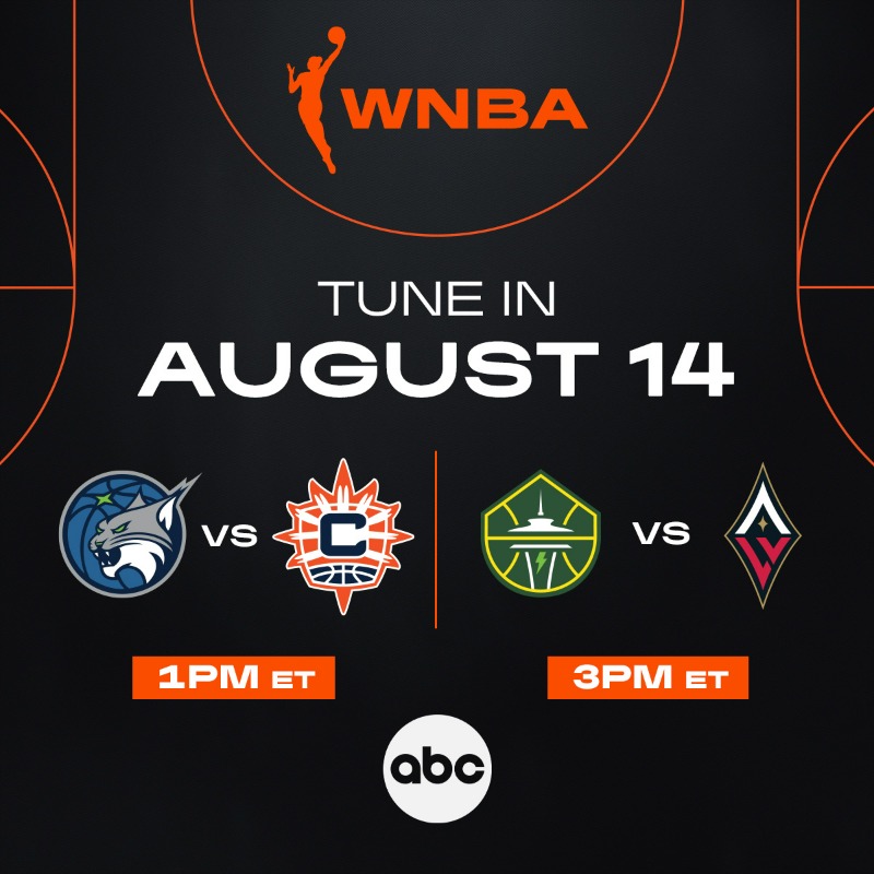WNBA's tweet photo. Be sure to tune in on Sunday, August 14th at 1pm EST to watch the Lynx play the Sun and then the Storm vs. the  Aces at 3pm EST